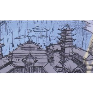 An art of a castle with pointy tops and clear sky in the back