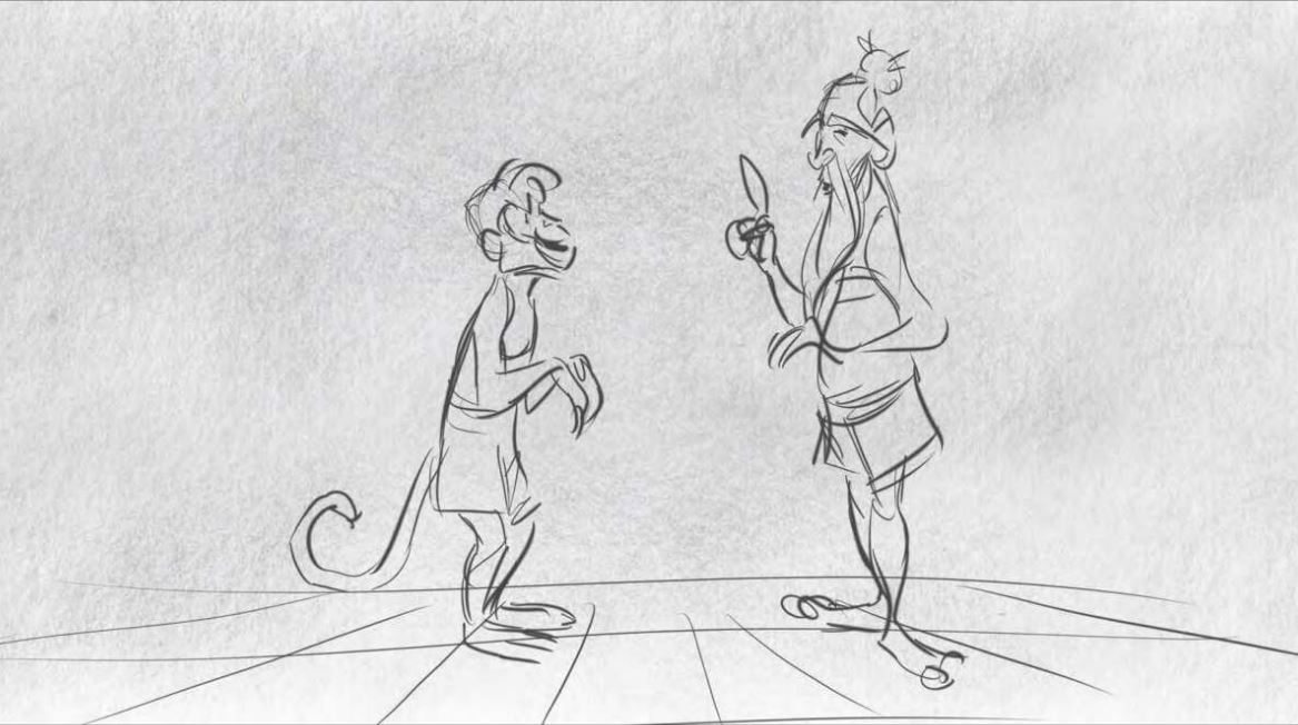 A sketch art of a monkey and a man standing with each other